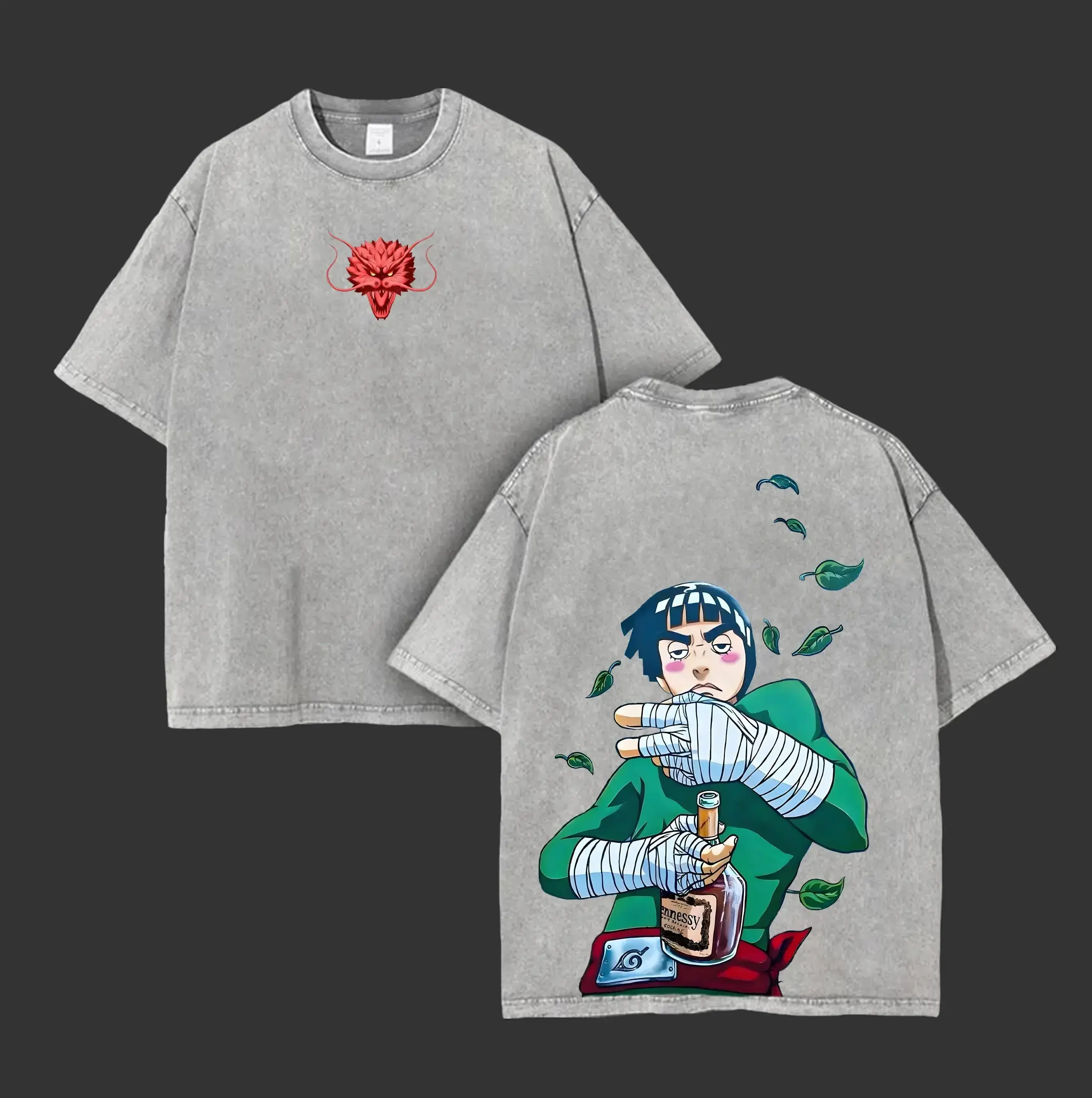 Maito Gai/Might Guy - Naruto Anime Double Printed Vintage Washed Tee Unisex Oversize Anime Manga Washed Heavyweight Cotton T-shirt, Gift For Anime Fan, Anime Lover
