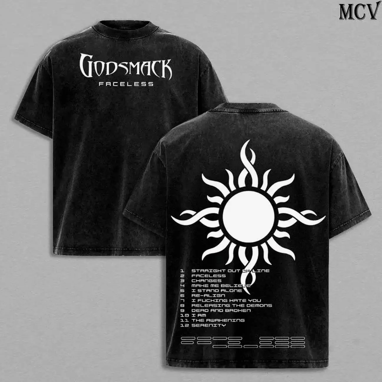 Godsmack Faceless Tee Washed – Vintage Acid Wash Heavy Cotton Oversize Unisex Hard Rock Alternative Metal Band T-Shirt, Retro Y2K Dark Streetwear SW Graphic Top, 2000s US Rock Album Merch for Fans 2RE