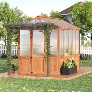 8x13FT Cedar Frame Wooden Greenhouse Kit with Pergola, Roof Vent and Polycarbonate Panels, Outdoor Walk-in Growing Kit for Garden Flowers and Plants, Flower