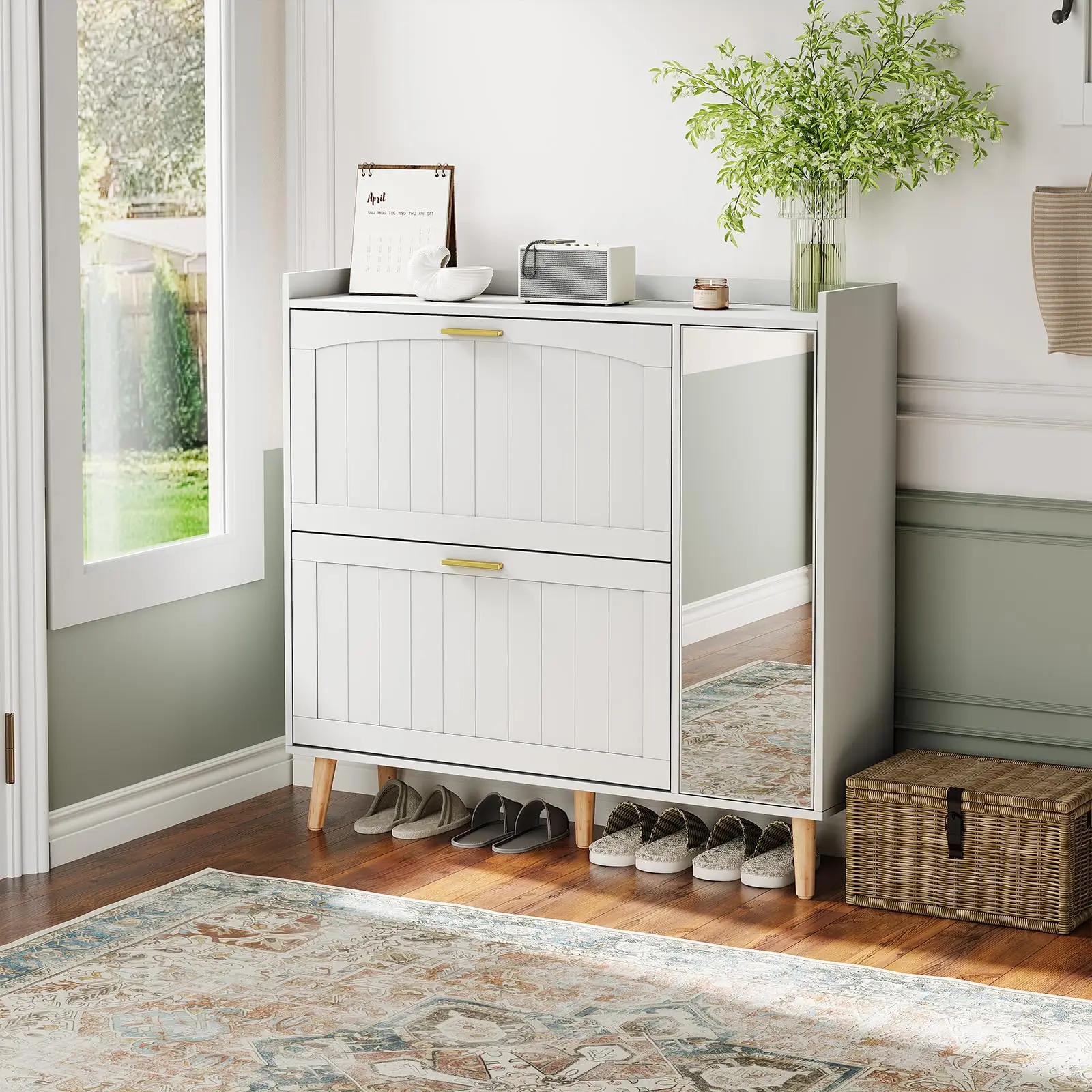 Slim Wooden Shoe Storage Cabinet with Mirror, 2 Flip Drawers and Adjustable Side Shelves, Freestanding Entryway Shoe Organizer for Hallway Bedroom Living Room, Hidden Shoe Rack Cabinet Holds up to 12 Pairs, White