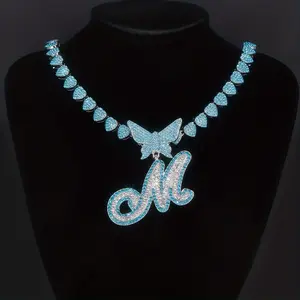 26 Letters Blue Butterfly Shiny Cold Letter Pendant Cuban Link Chain Necklace, Heart Ice Cuban Link Chain Pieces Luxury Dazzling Hip Hop Rock Fashion Miami Necklace Jewelry for Men Women