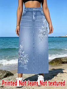 Women's Long Dress, Non-Denim Fabric, Casual Floral Printed Half Skirt, No Texture, Fake Denim Print, Ladies' Fashionable Long Skirt