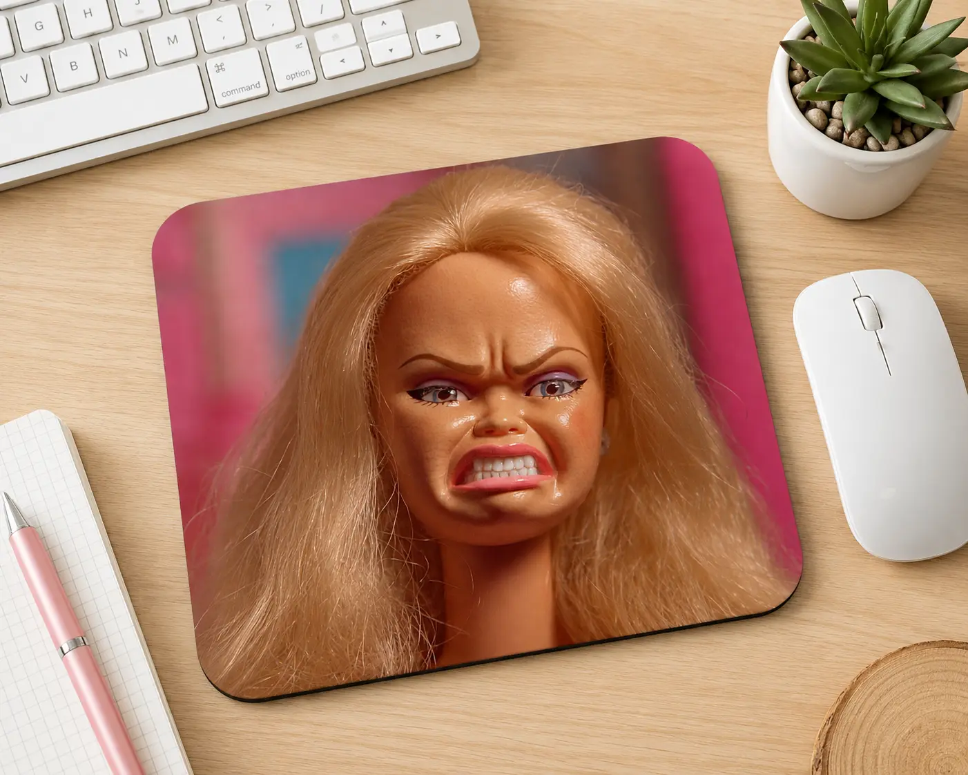 Funny Angry Doll Desk Mat - Sassy Glam Face Mouse Pad for Office, Gaming Decor