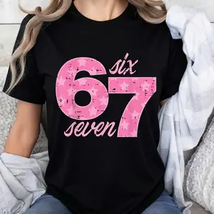 100% Cotton Six Seven 67 Pink Star Design Women's Casual T-Shirt Fashion Graphic Tee Top for Everyday Wear