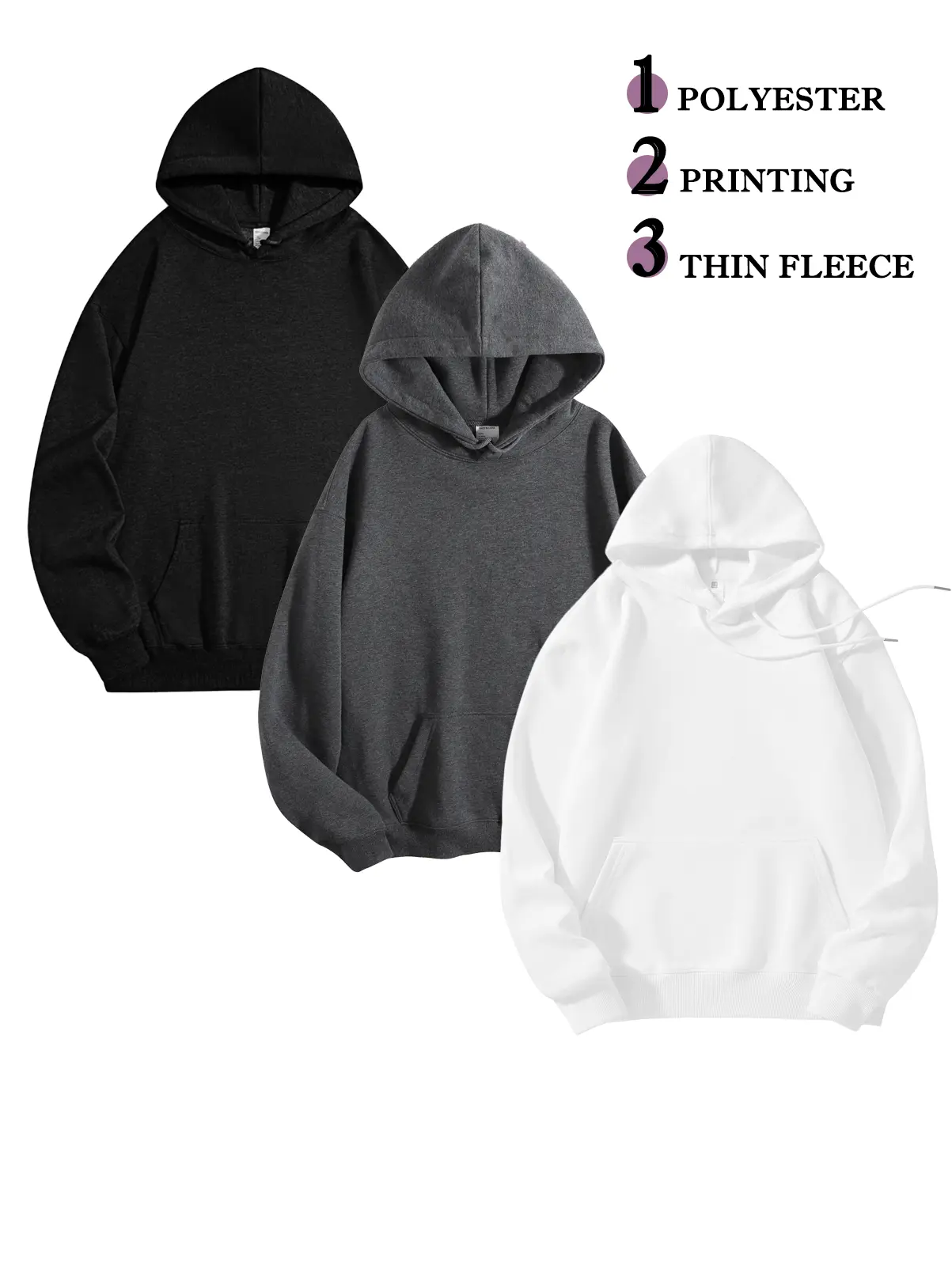 Women's 3-Pack Classic Plain Long Sleeve Hooded Pullover Tops - Thin Fleece Polyester Blend Oversized Hoodie, Custom Print-Friendly, Casual Basics for Street & Home Wear