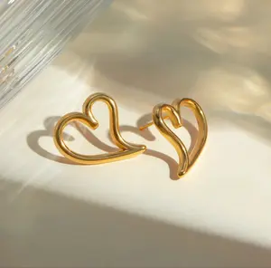 Stainless-Steel Heart Earrings Minimalist Hollow PVD Plated Stud Heart Earrings.
