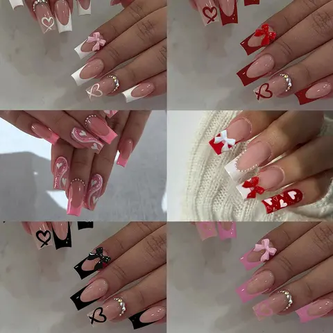 144pcs Long Rectangle French Bow, Heart, Line & Rhinestones Press-On Nails, Nails Tips, Perfect Fit False Nail Set for Party, Dance & Daily Use