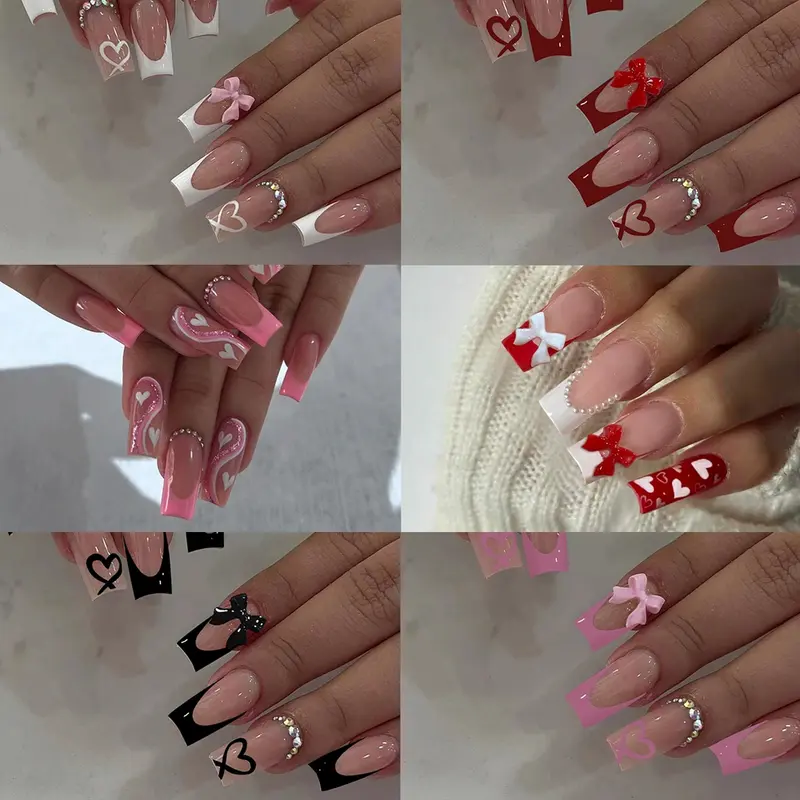 144pcs Long Rectangle French Bow, Heart, Line & Rhinestones Press-On Nails, Nails Tips, Perfect Fit False Nail Set for Party, Dance & Daily Use