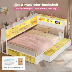 ADORNEVE Twin Corner Daybed Frame with Bookcase Storage, LED Light Headboard, Charging Station, Metal Construction, 3 Drawers & 2 Open Cubbies for Small Bedrooms