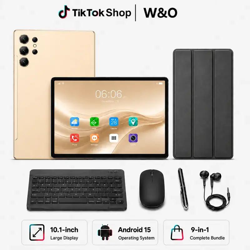 W&O X9 10.1 Inch Android 15 Tablet for Work & School — 8GB RAM 256GB ROM, 8000mAh Long Battery, Dual-Band WiFi, SIM & microSD Supported | 9-in-1 Bundle with Keyboard Mouse Stylus Case&back school