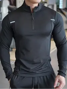 Men's Half-Zip Stand Collar Long Sleeve Sports Shirt, Reflective Strips Training Top, Moisture-Wicking Quick-Dry Gym Tee, Compression Sports Top