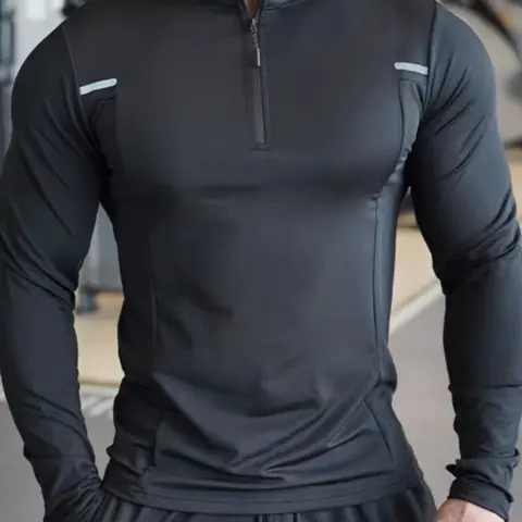 Men's Half-Zip Stand Collar Long Sleeve Sports Shirt, Reflective Strips Training Top, Moisture-Wicking Quick-Dry Gym Tee, Gym Tops, Dry Fit Shirts, Dry Fit Active, Compression Sports Top, Athletic Workout Clothing, Workout Clothes