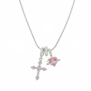 Women's Heart Cross Pendant Necklace Pure Copper Zircon Fashion Jewelry for Stylish Wear Elegant Sparkle Design