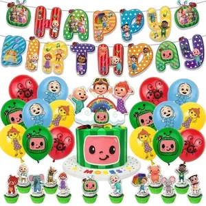 Cocomelon Theme Happy Birthday Party Decorations Latex Balloons Banner Flag Cake Toppers Party Supplies
