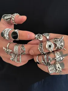 Gothic Skull Coffin Spider Gem Ring Set, Punk Style Jewelry Series, 20 Piece Dark Vintage Gothic Accessory, Stackable Rings