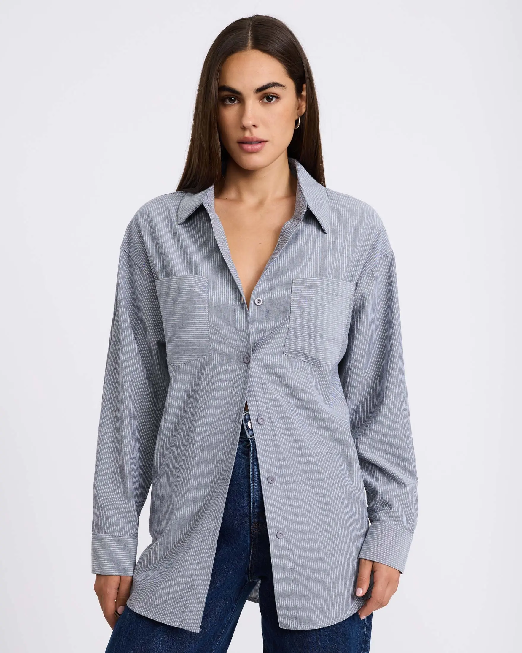 Express Pinstripe Double Pocket Oversized Shirt, Blouses, Polyester, Tops