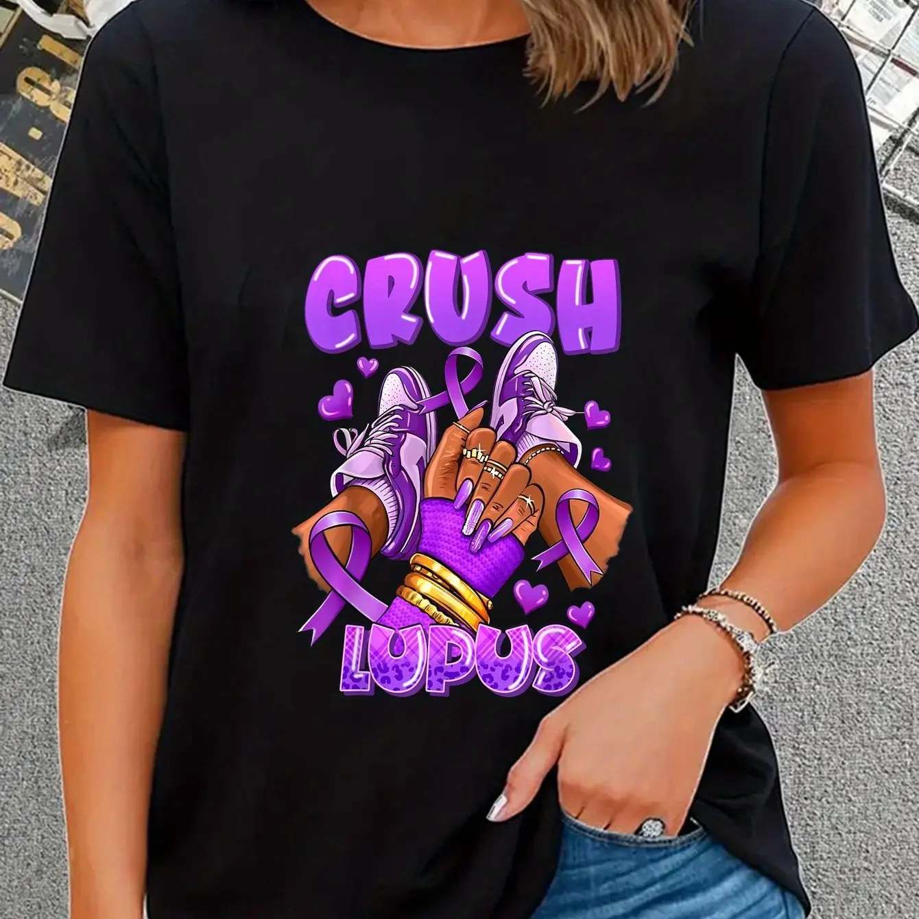 Women's 100% Cotton Short Sleeve Round Neck Casual Lupus Awareness T-Shirt - Purple Sneaker & Ribbon Design, Black Playful Graphic, Vintage Streetwear, All Seasons Regular Sleeves Top, Wide Range of Sizes Lady Attire