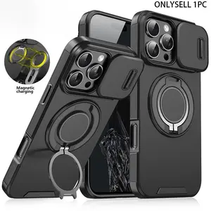 Shockproof, Protective Phone Case, Casing with Sliding Camera Cover, 360 Rotating Ring Kickstand, for iPhone 17 16 15 14 13 12 Pro Max, Military Grade Anti-Drop Magnetic Outdoor Sports Case