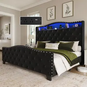 Queen/King Size Bed Frame and Headboard, 50.9" Velvet Upholstered Wingback Bedframe with LED Lights & Storage/Charging Station, Button Tufted Tall Footboard, No Box Spring Needed, Noise-Free, Black
