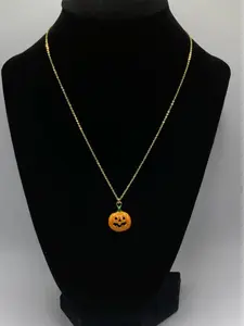 Halloween Pumpkin Necklace 18K Gold Plated 18 Inch Chain with Extender & Lobster Clasp Glitter Pumpkin Pendant 21mm x 16mm Nickel Free Lead Free