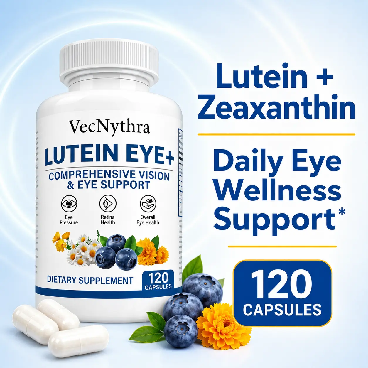 VecNythra Lutein & Zeaxanthin Eye Care Dietary Supplement for Adults - 120 Capsules with Natural Vitamin A, Botanical Extracts, Antioxidants, Blue Light Support, Eye-Friendly Daily Nourishing Formula