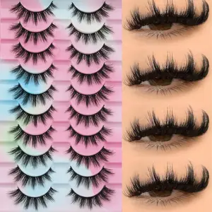 10 Pairs Powder Platform Cross-Border Fluffy Volumized False Eyelashes, C Curl Dense Style, 16-18mm Length, 0.10mm Thickness, Not Flammable Liquid