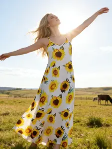 Summer Sunflower Print Halter Dress Women Casual Wear, French Style V Neck Flowy Split Beach Vacation Floor-Length Maxi Dress