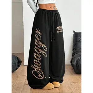 Women's Retro Leopard Print Wide‑Leg Sweatpants, Black Loose‑Fit Street Style Sports Pants For Fall Winter Back‑to‑School Casual Wear