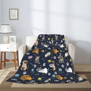 Soft Fluffy Cat Pattern Blanket, Cute Feline Design Comforting Throw for Adults & Kids, Lightweight Warm Plush Woolen Blanket for Sofa Bed