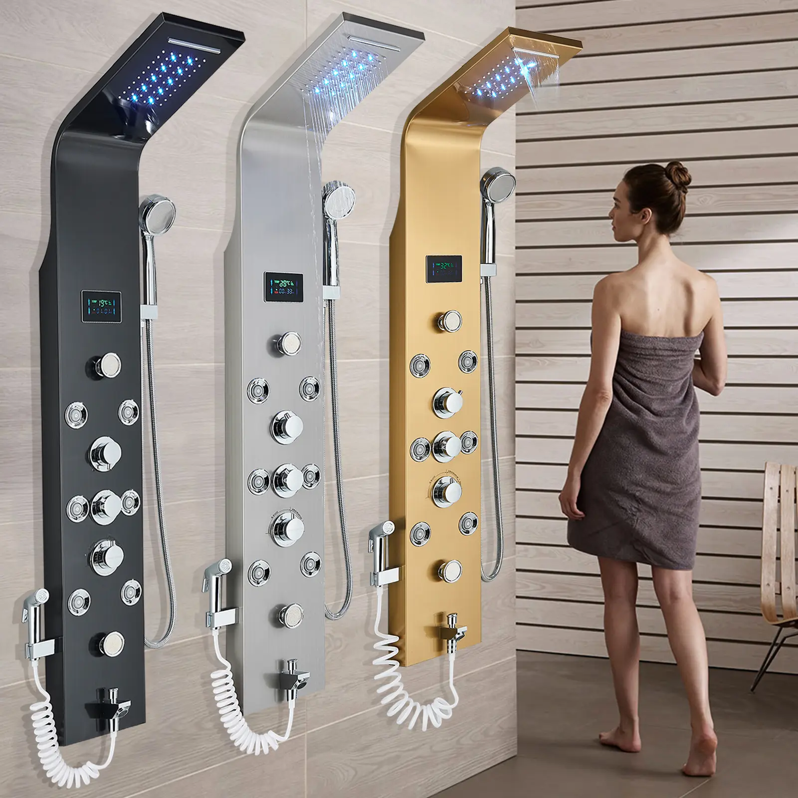 Shower Panel Tower System Stainless Steel 6-Function Faucet LED Rainfall Waterfall Shower Head + Handheld Sprayer + Rain Massage Body Jets + Tub Spout, Black