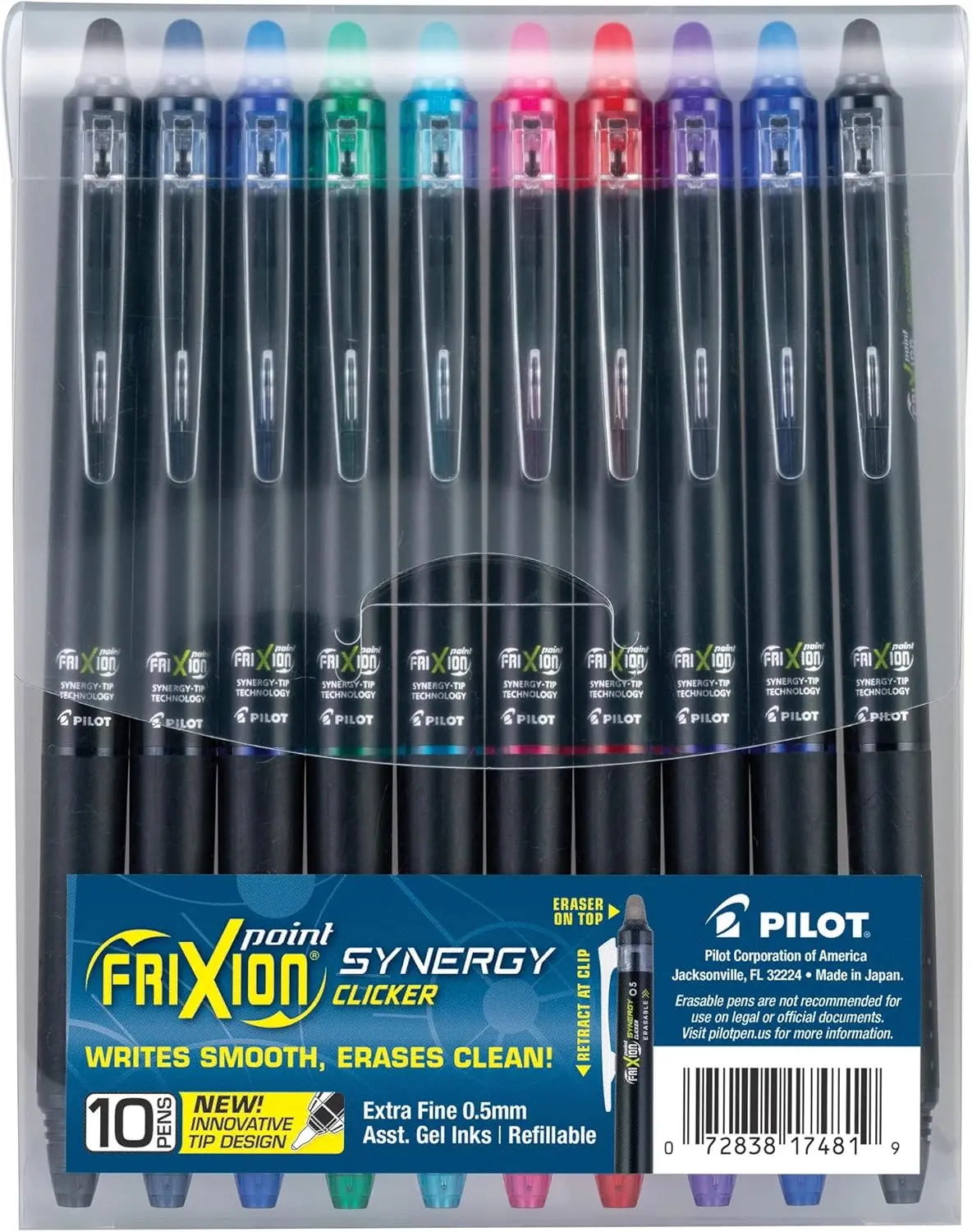 PILOT FriXion Synergy Clicker Erasable Refillable Retractable Gel Ink Pens, 10-Pack, Extra Fine Point, Assorted Colors, Smooth Writing Pen for Arts & Crafts (17481), Erasable Pens