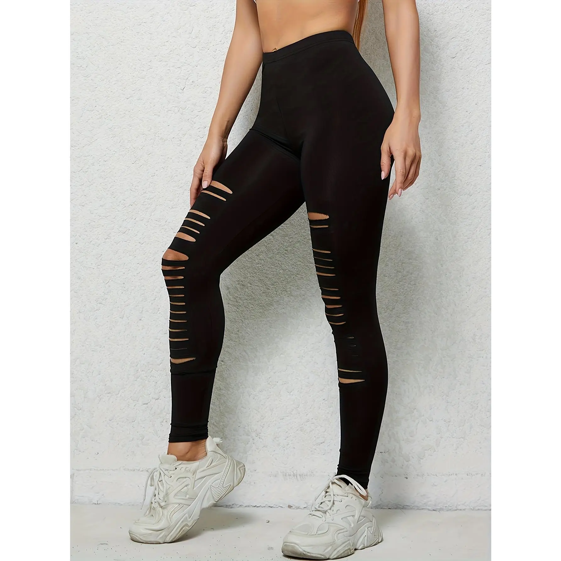 Women's High-Waisted Ripped Knit Skinny Leggings - Minimalist Basic Solid Stretch Polyester/Spandex, Summer Perforated Hollow-Out, Distressed, Comfortable Casual Wear, Machine Washable (Sports & Outdoor Clothing)