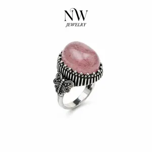 Large Strawberry Quartz Vintage-Style Ring Crystal Adjustable Fit Gift with Intricate Craftsmanship and Tiny Sparkles