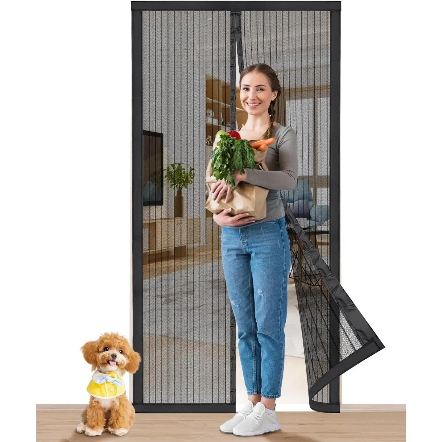 Magnetic Retractable Mesh + Magnets Screen for Sliding Doors, Durable Polyester, 39x83in (Fits 36x82in Doors), Hands-Free Silent Closing, Self-Sealing, Blocks Insects, Pet & Kid Friendly Window Hardware, 39 Inch X 83 Inch, 39" X 83"