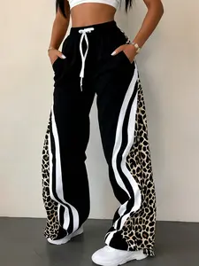 Women's Leopard Print Long Pants, Casual Streetwear Jogger Pants, Hip-Hop School Style, Youth Fashion, All Seasons, Casual Lounge Pant
