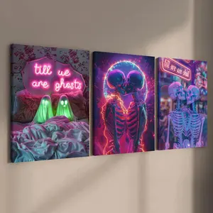 Wooden Framed Canvas Painting, 3 Counts/set Modern Art Neon Skull Pattern Wall Decor, Wall Art for Home Living Room Bedroom Office, Modern Home Decoration