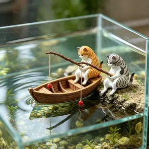 Creative Aquarium Fish Tank Micro Landscape Decor, Cute Cat Fishing Scene, High-Quality Resin, Ocean Theme, Perfect Gift for Fishing Enthusiasts