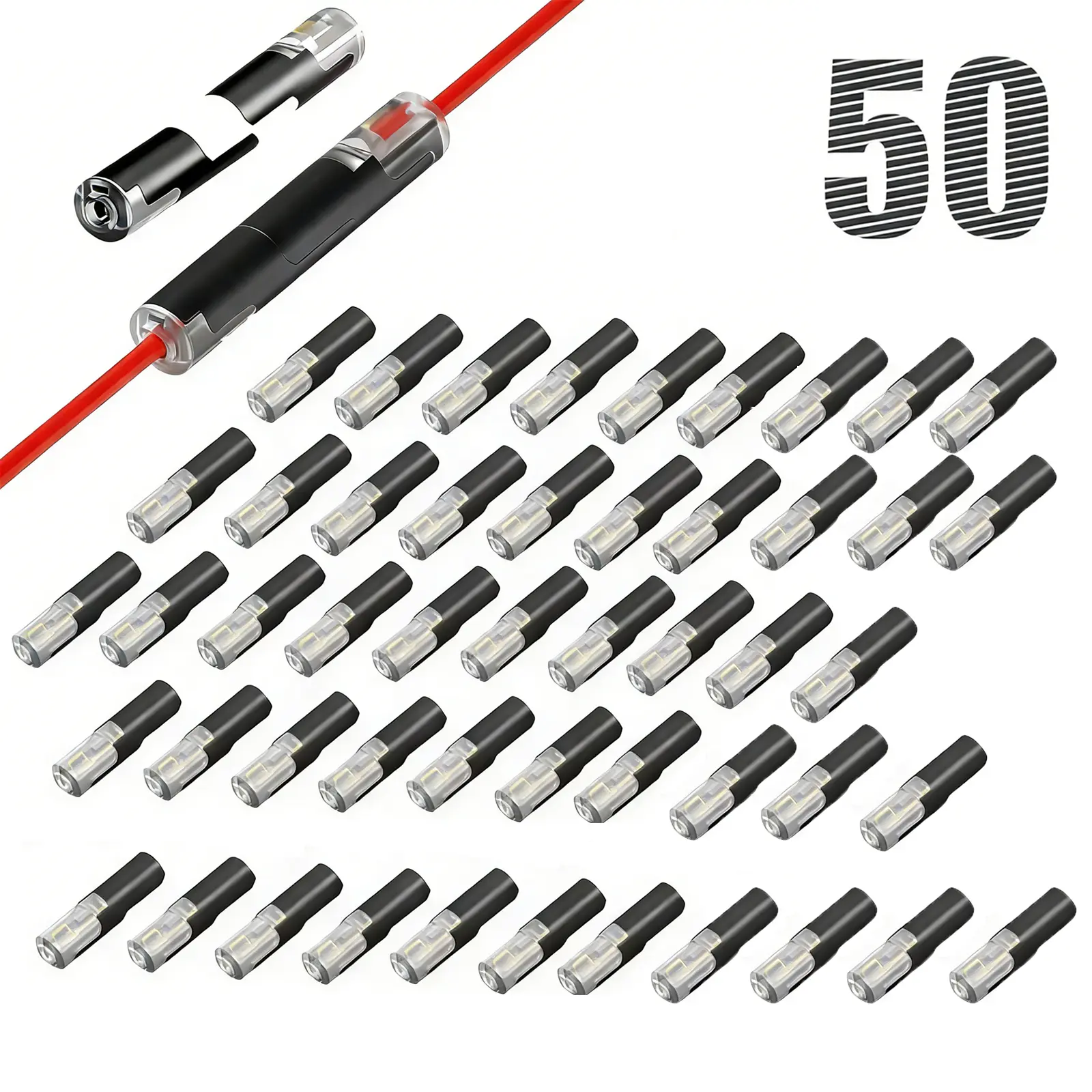 50-Pack Quick-Clip Plastic Fasteners - No-Tool Solderless Wire Splice Connectors, LED Strip Connectors, Low Voltage Tools for DIY Crafting, Low-Voltage LED Decor