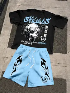 Men's Summer Cyberpunk Graffiti Print Short Sleeve Set, Street Style Casual Fashion, Perfect for Exhibition and Outdoors