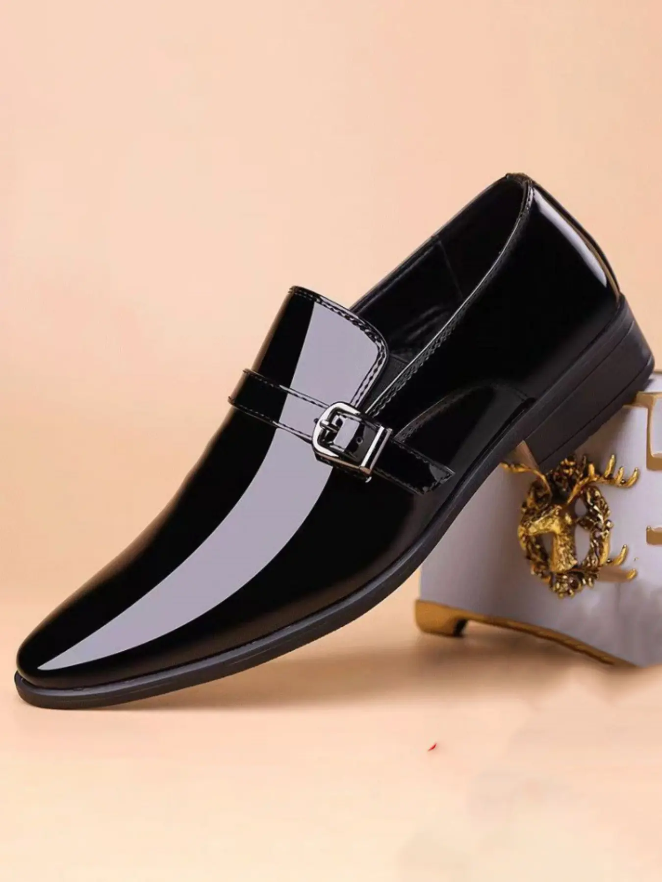 Men's Shiny Buckle Business Leather Shoes, Formal Oxford, Formal Dress Shoes, Closed, Rubber, Glossy Design, Perfect for Office, Weddings & Formal Events, Gentleman Style