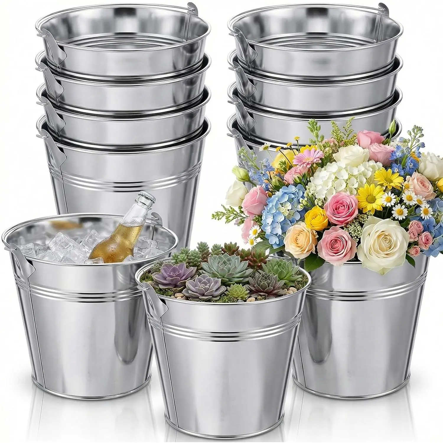 8 Pack Metal Buckets with Handles, 5.9 Inch Galvanized Metal Buckets for Plants, Succulents, Rustic Home Decor, Party Favors, Ice Pails for Drinks & Office Storage