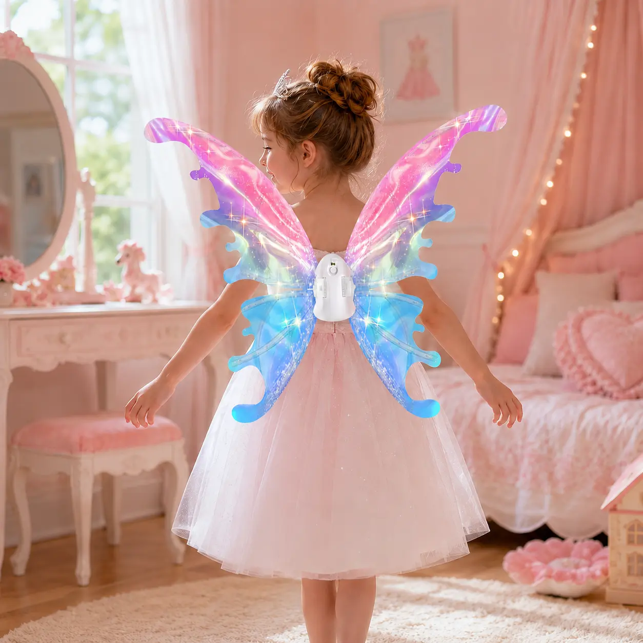 LED Electric Fairy Wings for Girls 4-8 - Light-Up Moving Butterfly Costume Accessories with Music, Auto-Off, Sparkling Princess Dress-Up Ornament for Halloween, Birthday Party Gifts