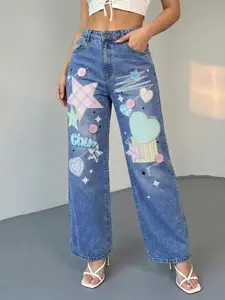 Women's High-Waist Wide-Leg Denim Jeans! High-Rise Medium-Stretch Printed Style—Semi Baggy Jeans Fit, Bedazzled Jeans Sparkle & Still Cool Jeans Vibe! Print has retro 'Chu' letter + soft blue dot, matches Baggy Jeans Outfit.Cute Breat Cute Breathable summ