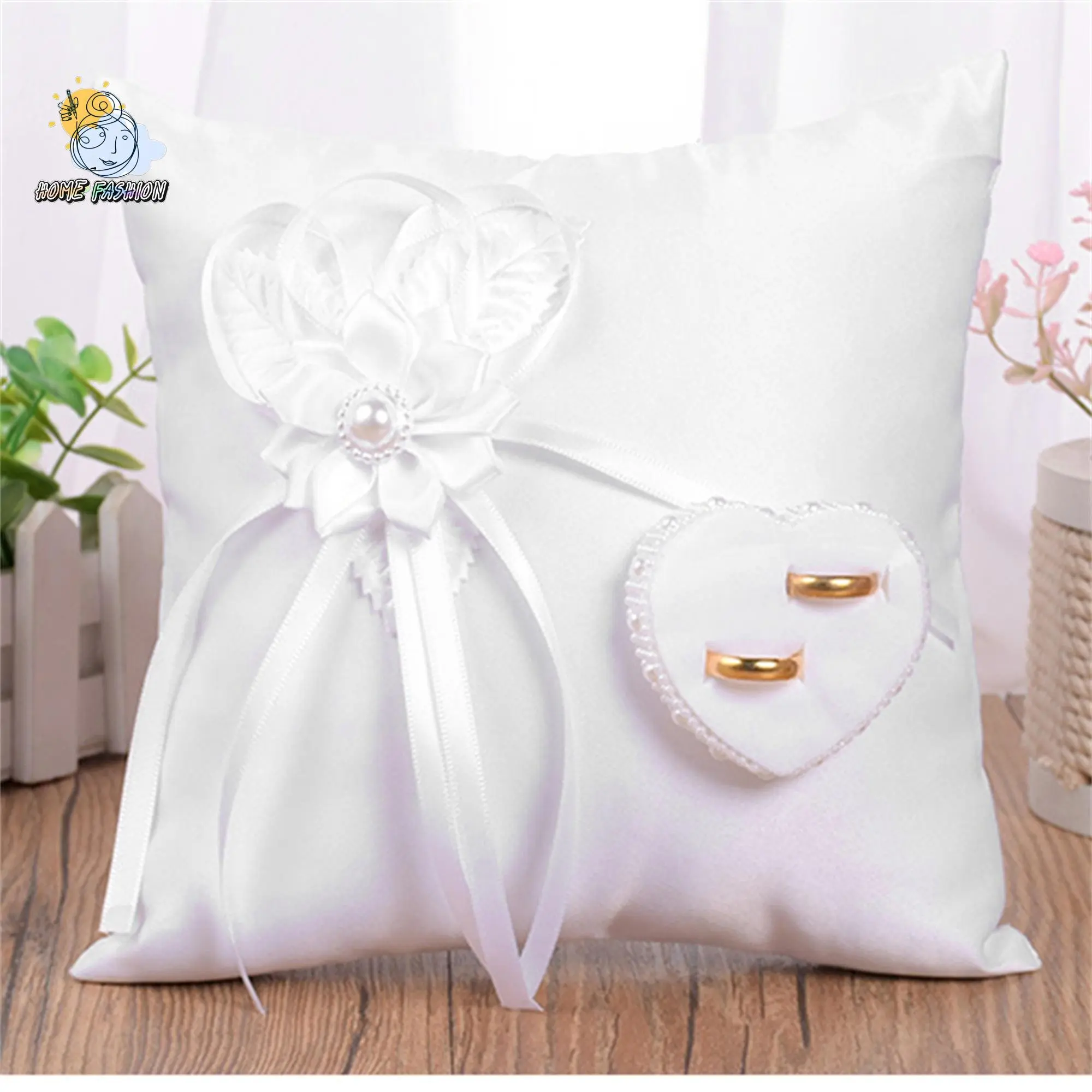 Wedding Ring Pillow, Elegant Heart Bowknot Ring Bearer Pillow Portable Wedding Supplies Proposal Gift Real Touch Norfolk Pine Garland