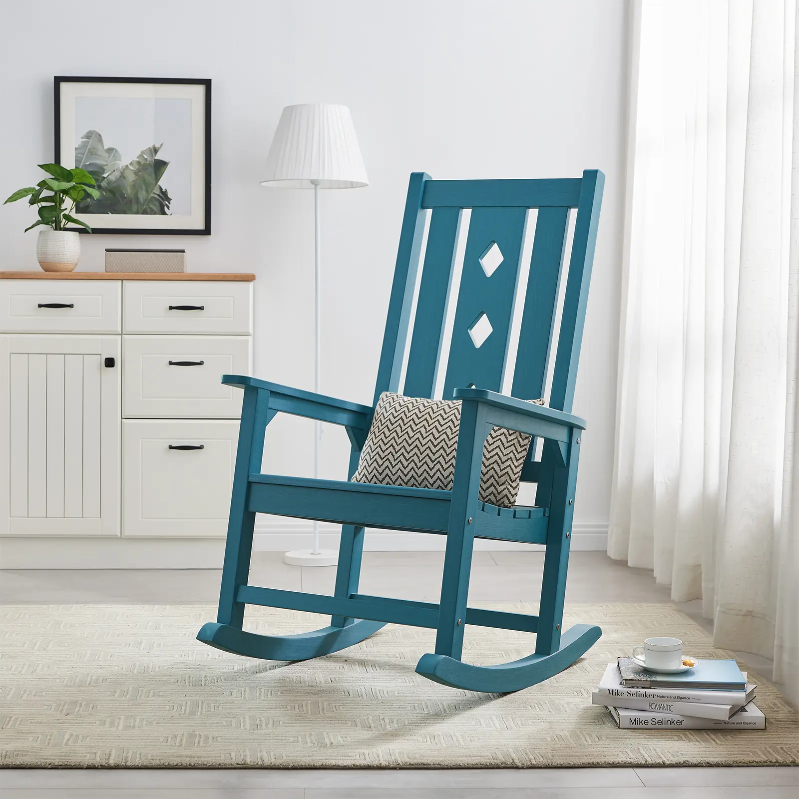 Outdoor Rocking Chair, Porch Rocker with High Back - Blue | All Weather Resistant rocking chair for Lawn Garden, HDPE Patio Rocker with 350lbs Weight Capacity