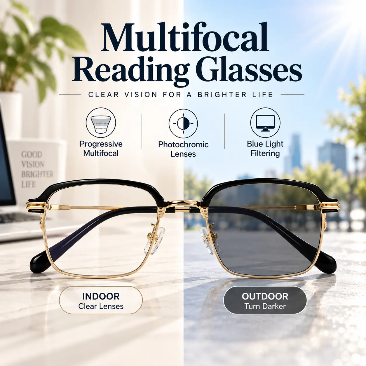 Photochromic Progressive Multifocal Reading Glasses for Men and Women, Blue Light Filtering Semi-Rimless Metal Readers, UV400 Black Gold Frame, +1.00 to +3.00 Strength Options for Computer, Office and Outdoor Use