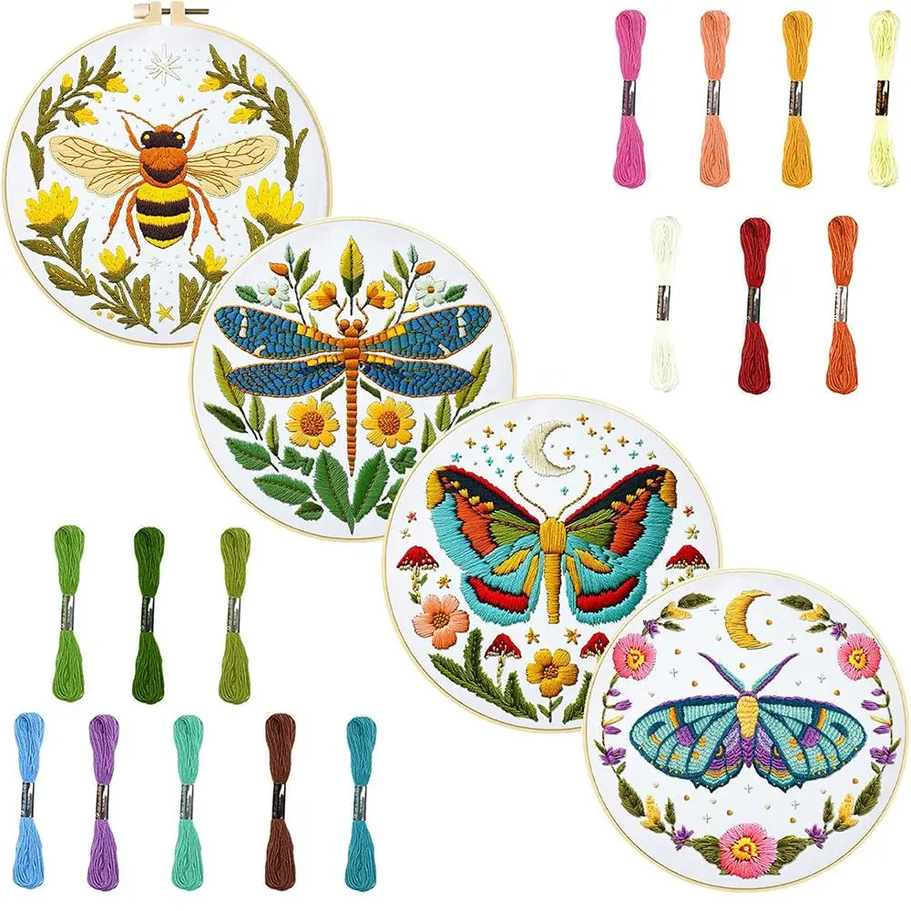 Insect Themed Embroidery Kit, Embroidery Craft, 4 Counts/set DIY Embroidery Fabric with Embroidery Hoop & Threads & Tools, DIY Embroidery Kit for Beginners, Flower Embroidery, DIY Kits, Embroidery Design Set