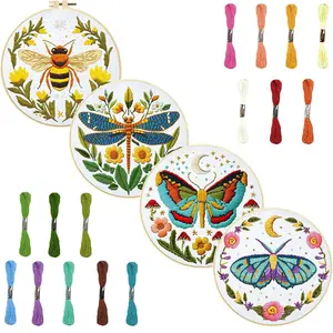 Insect Themed Embroidery Kit, Embroidery Craft, 4 Counts/set DIY Embroidery Fabric with Embroidery Hoop & Threads & Tools, DIY Embroidery Kit for Beginners, Flower Embroidery