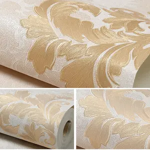 A roll of 20.86*374 inches non-adhesive 3D European-style Damask wallpaper, luxurious and cozy for bedroom and living room feature walls, beige thickened wallpaper, cuttable, home decoration