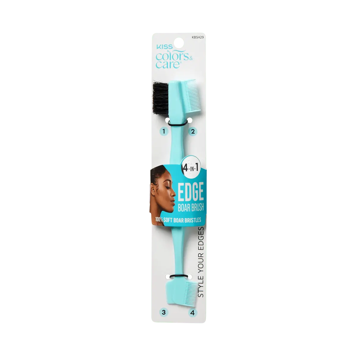 Kiss Colors & Care 4-in-1 Edge Boar Bristle Brush | Edge Styling Brush, Baby Hair Brush, Edge Control Brush, Parting Comb